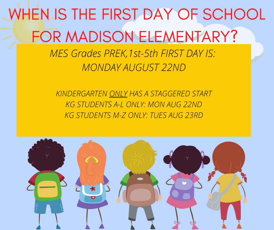 Elementary back to school flyer with picture of cartoon children with backpacks looking away from viewer at sunny sky. Text on top of picture is stated in the text above about first day of school for various grades. 